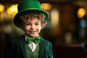 portret van een glimlachen jongen in een elf van Ierse folklore kostuum. st. Patrick dag. ai gegenereerd foto