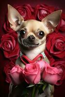 portret valentijnsdag van een schattig chihuahua hond met rozen ai gegenereerd foto