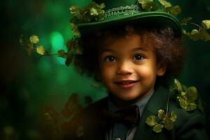 portret van een glimlachen jongen in een elf van Ierse folklore kostuum. st. Patrick dag. ai gegenereerd foto