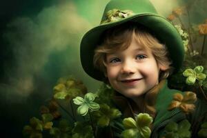 portret van een glimlachen jongen in een elf van Ierse folklore kostuum. st. Patrick dag. ai gegenereerd foto