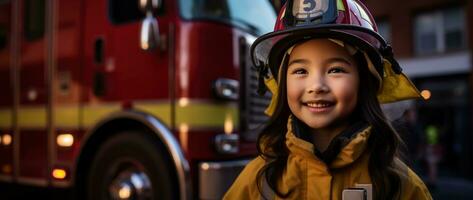 portret van glimlachen Aziatisch weinig meisje vervelend brandweerman uniform staand in brand vrachtwagen. ai gegenereerd foto