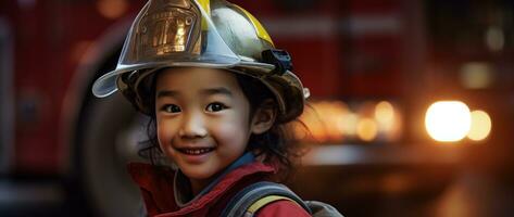 portret van glimlachen Aziatisch weinig meisje vervelend brandweerman uniform staand in brand vrachtwagen. ai gegenereerd foto