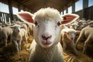 portret van een schattig lam Aan een achtergrond van schapen in de schuur ai gegenereerd foto