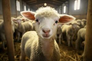 portret van een schattig lam Aan een achtergrond van schapen in de schuur ai gegenereerd foto