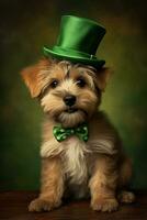 schattig puppy in groen top hoed. st. Patrick dag. ai gegenereerd foto