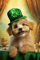 schattig puppy in groen top hoed. st. Patrick dag. ai gegenereerd foto