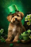 schattig puppy in groen top hoed. st. Patrick dag. ai gegenereerd foto