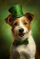 schattig puppy in groen top hoed. st. Patrick dag. ai gegenereerd foto