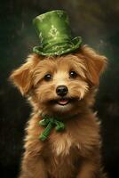 schattig puppy in groen top hoed. st. Patrick dag. ai gegenereerd foto