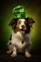 schattig puppy in groen top hoed. st. Patrick dag. ai gegenereerd foto