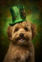 schattig puppy in groen top hoed. st. Patrick dag. ai gegenereerd foto