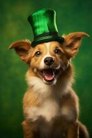 schattig puppy in groen top hoed. st. Patrick dag. ai gegenereerd foto