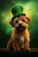 schattig puppy in groen top hoed. st. Patrick dag. ai gegenereerd foto