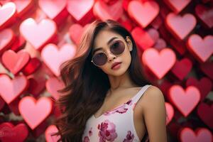 Valentijnsdag dag. portret van mooi jong Aziatisch vrouw in zonnebril Aan rood achtergrond met harten. ai gegenereerd foto