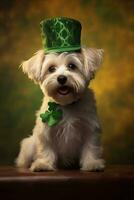 schattig puppy in groen top hoed. st. Patrick dag. ai gegenereerd foto