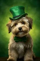 schattig puppy in groen top hoed. st. Patrick dag. ai gegenereerd foto