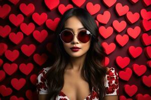 Valentijnsdag dag. portret van mooi jong Aziatisch vrouw in zonnebril Aan rood achtergrond met harten. ai gegenereerd foto