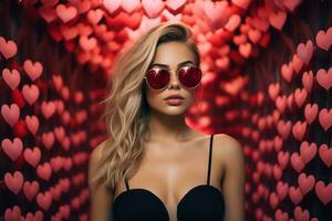 Valentijnsdag dag. portret van mooi jong vrouw in zonnebril Aan rood achtergrond met harten. ai gegenereerd foto