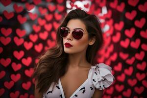 Valentijnsdag dag. portret van mooi jong vrouw in zonnebril Aan rood achtergrond met harten. ai gegenereerd foto