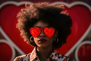 modieus Afrikaanse Amerikaans vrouw met bril Aan Valentijn achtergrond ai gegenereerd foto