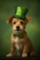 schattig puppy in groen top hoed. st. Patrick dag. ai gegenereerd foto