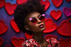 modieus Afrikaanse Amerikaans vrouw met bril Aan Valentijn achtergrond ai gegenereerd foto
