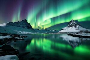 Aurora borealis in IJsland met sneeuw gedekt bergen en reflectie ai gegenereerd foto