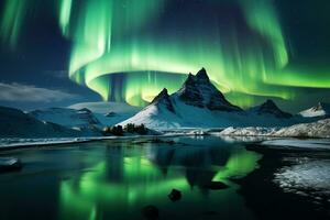 Aurora borealis in IJsland met sneeuw gedekt bergen en reflectie ai gegenereerd foto