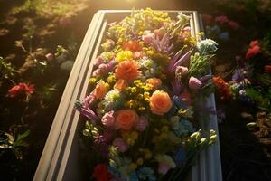 kleurrijk bloemen Aan de graf in de begraafplaats, begrafenis concept. ai gegenereerd foto