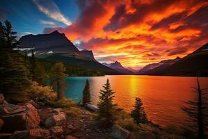 majestueus zonsondergang in gletsjer nationaal park, Montana, Verenigde Staten van Amerika. ai gegenereerd foto