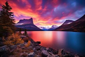 majestueus zonsondergang in gletsjer nationaal park, Montana, Verenigde Staten van Amerika. ai gegenereerd foto