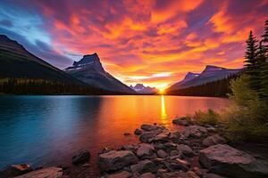 zonsondergang over- gletsjer nationaal park, Montana, Verenigde staten van Amerika ai gegenereerd foto