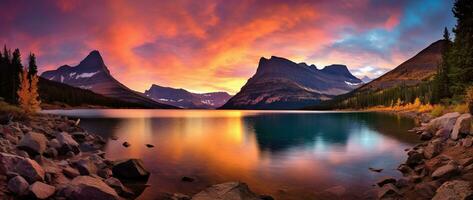 zonsondergang over- gletsjer nationaal park, Montana, Verenigde staten van Amerika ai gegenereerd foto