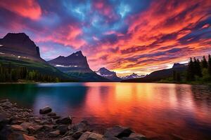 zonsondergang over- gletsjer nationaal park, Montana, Verenigde staten van Amerika ai gegenereerd foto