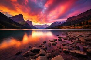 zonsondergang over- gletsjer nationaal park, Montana, Verenigde staten van Amerika ai gegenereerd foto