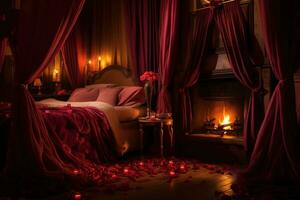 romantisch kamer interieur met roze gordijnen en rood harten. Valentijnsdag dag concept. ai gegenereerd foto