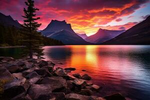 majestueus zonsondergang in gletsjer nationaal park, Montana, Verenigde Staten van Amerika. ai gegenereerd foto