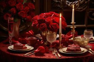romantisch tafel instelling met rood rozen, kaarsen en bril van wijn.valentijn concept ai gegenereerd foto