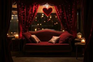 romantisch kamer interieur met roze gordijnen en rood harten. Valentijnsdag dag concept. ai gegenereerd foto