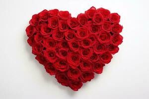 ai gegenereerd hart gemaakt van rood rozen Aan wit achtergrond, valentijnsdag dag concept foto
