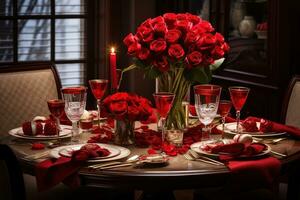 romantisch tafel instelling met rood rozen, kaarsen en bril van wijn.valentijn concept ai gegenereerd foto