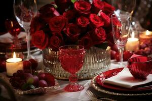 romantisch tafel instelling met rood rozen, kaarsen en bril van wijn.valentijn concept ai gegenereerd foto