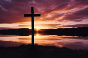 concept of conceptuele hout kruis of religie symbool vorm over- een zonsondergang lucht achtergrond banier ai gegenereerd foto