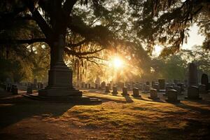 grafstenen in een begraafplaats Bij zonsopkomst ai gegenereerd foto