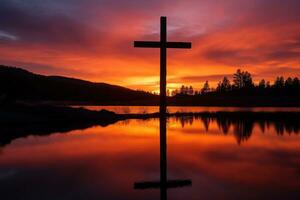 concept of conceptuele hout kruis of religie symbool vorm over- een zonsondergang lucht achtergrond banier ai gegenereerd foto