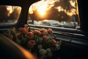 mooi bloemen in een auto Bij zonsondergang. concept van begrafenis. ai gegenereerd foto