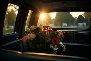 mooi bloemen in een auto Bij zonsondergang. concept van begrafenis. ai gegenereerd foto