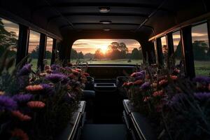 mooi bloemen in een auto Bij zonsondergang. concept van begrafenis. ai gegenereerd foto