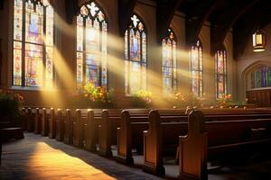 interieur van een kerk met een veel van bloemen in de voorgrond.begrafenis concept ai gegenereerd foto