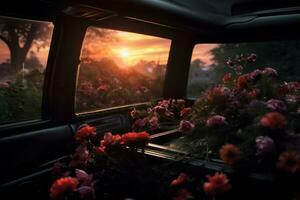 mooi bloemen in een auto Bij zonsondergang. concept van begrafenis. ai gegenereerd foto